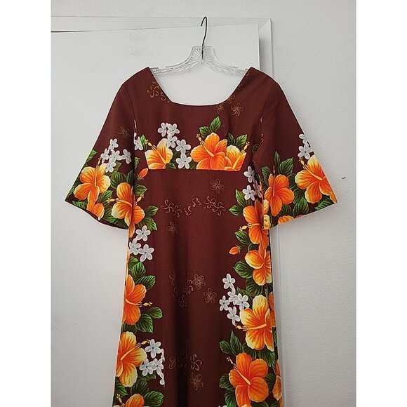 Vintage Ui Maikai Brown Orange Hibiscus Floral Print Hawaiian Maxi Dress 14 Luau - Picture 2 of 9